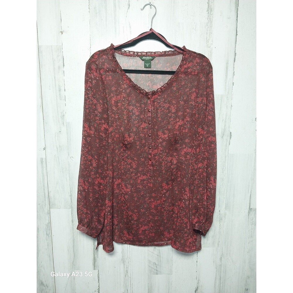 Eddie Bauer Women Medium Floral Balloon Sleeve Sheer Blouse